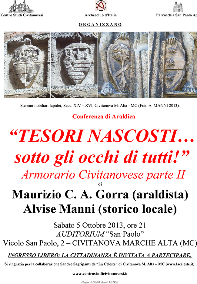 Sabato 5 ottobre alle ore 21 - Conferenza di Araldica: Tesori Nascosti sotto gli occhi di tutti - Auditorium San Paolo a Civitanova marche Alta